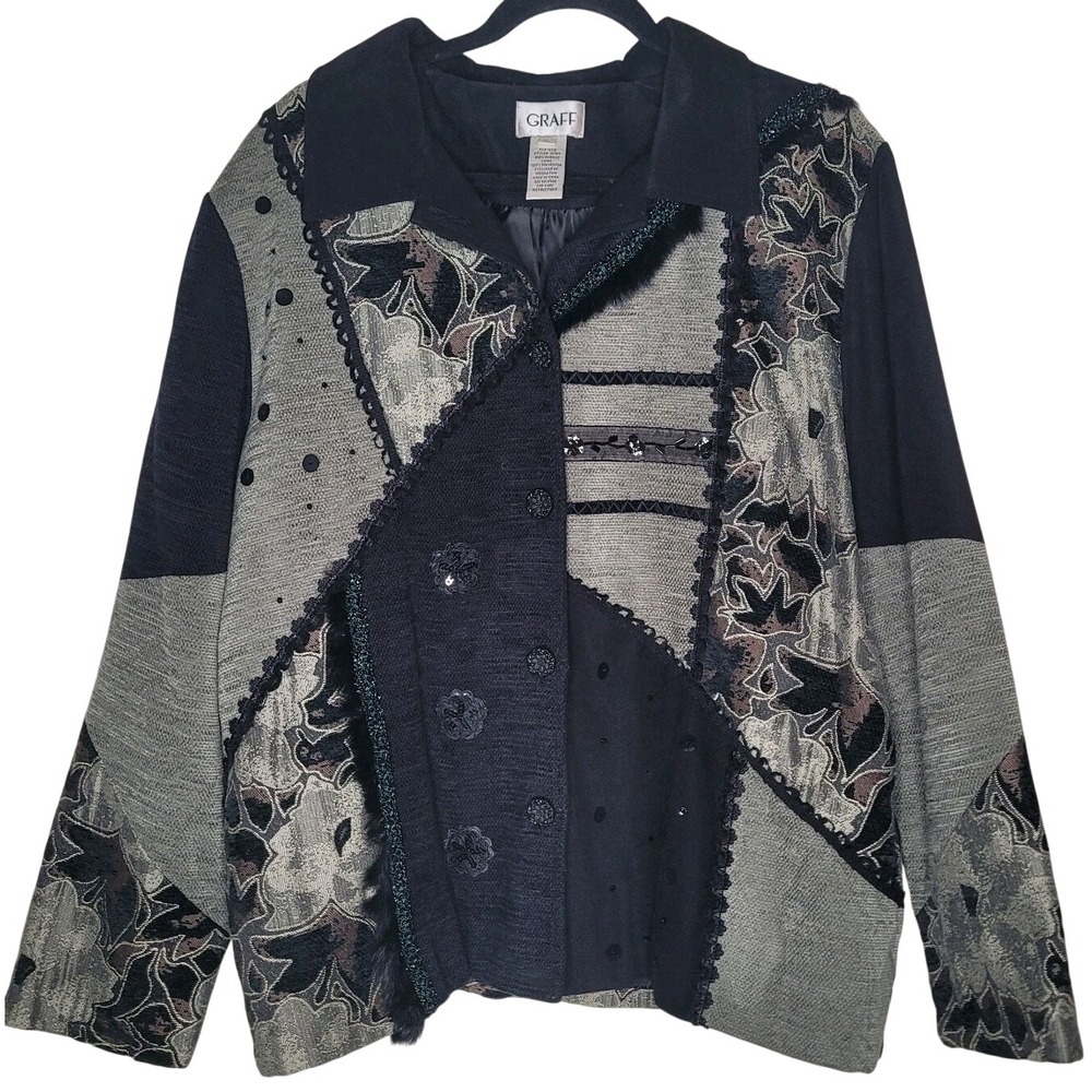 Vntg GRAFF Black Gray Cardigan Sweater Patchwork Embroidered Faux Fur XL Women